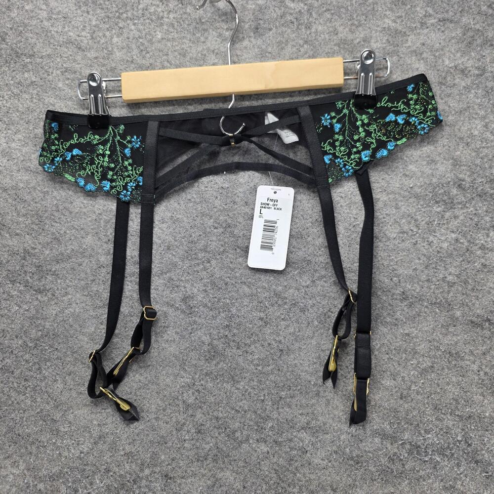 Freya Garter Belt Womens L Black Mesh Floral Embroidered Adjustable Straps